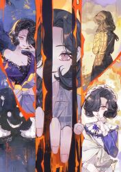 1girl absurdres black_hair blanket breasts cleavage curly_hair dress eyed_silhouette finger_to_mouth fishnet_veil hair_over_one_eye hand_up highres holding holding_blanket index_finger_raised long_sleeves looking_at_viewer maid maid_headdress multiple_views one_eye_covered plaid_clothes plaid_dress purple_dress purple_eyes reverse:1999 ripping short_hair shushing silhouette single_off_shoulder smile swaddled tuesday_(reverse:1999) zaoqi_hua_hua_ba