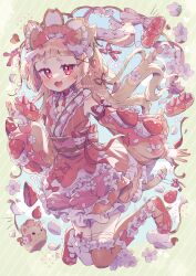 Rule 34 | 1girl, :3, :d, animal, animal ear fluff, animal ears, asymmetrical legwear, bare shoulders, blonde hair, blue background, blunt bangs, blush, bow, bow legwear, brown sash, cat, cat ears, cat girl, cat tail, cherry blossoms, commentary, detached sleeves, eclair (food), food, frilled kimono, frilled thighhighs, frills, fruit, full body, green background, hand up, highres, japanese clothes, kimono, long hair, long sleeves, looking at viewer, mismatched legwear, nail polish, neck ribbon, obi, open mouth, original, polka dot, polka dot background, puffy long sleeves, puffy sleeves, red bow, red eyes, red kimono, red nails, red ribbon, red shoes, red sleeves, ribbon, sash, shoes, sleeve bow, sleeveless, sleeveless kimono, smile, solo, strawberry, striped background, symbol-only commentary, tail, thick eyebrows, thighhighs, tsukumi bis, twitter username, white thighhighs, yellow thighhighs