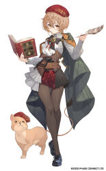 1girl ascot beret black_bow black_shoes book bow brown_corset brown_eyes brown_hair brown_pantyhose brown_skirt cable_knit cape clio_aite clio_aite_(clio_2.0) corset dog double-parted_bangs full_body glasses green_cape grey_shirt hat highres leggings looking_at_viewer mascot medallion medium_hair official_art open_book pantyhose patterned_clothing patterned_legwear phase_connect quill red_hat scar scar_across_eye scar_on_face shirt shoes sidelocks skirt teffish white_ascot white_background