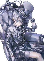 1boy black_gloves blue_hair brooch buttons chair ciel_phantomhive&#039;s_brother coattails cushion double-breasted earrings flower flower_brooch gloves hair_between_eyes half_gloves hat highres holding holding_unworn_clothes holding_unworn_hat jacket jewelry kuroshitsuji lace-trimmed_sleeves lace_trim male_focus neck_ribbon official_art on_chair ouji_fashion pleated_collar pleated_shirt ribbon rose shirt short_hair shorts simple_background sitting smile solo stud_earrings toboso_yana twitter_username unworn_hat unworn_headwear vest white_background
