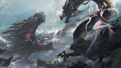 1girl absurdres bare_shoulders blue_sky bow bow_(weapon) breasts china_dress chinese_clothes claws dragon dress eastern_dragon glowing glowing_eyes highres holding holding_bow_(weapon) holding_weapon impasto key_frame leo-dont-want-to-be-a-painter medium_breasts monster mountain original sky weapon white_hair