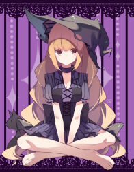 barefoot black_bow black_cat black_corset black_hat blonde_hair bow braid brown_eyes cat choker cleavage_cutout clothing_cutout collared_shirt corset crossed_legs dress frilled_dress frills hands_on_lap hat highres long_hair looking_to_the_side original puffy_short_sleeves puffy_sleeves pupa_jiang purple_background purple_choker purple_dress purple_shirt shirt short_sleeves skirt striped_clothes striped_dress striped_shirt striped_skirt twin_braids vertical-striped_clothes vertical-striped_dress witch witch_hat