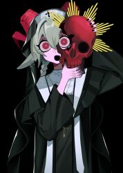 1girl :o animal_ears black_background black_robe braid bright_pupils capelet cross cross_necklace fang hair_between_eyes hannah_(populamalus) highres holding holding_skull horns jewelry long_eyelashes necklace nun original populamalus red_eyes red_horns robe simple_background skin_fang skull solo upper_body white_capelet white_pupils