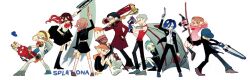 Rule 34 | 5boys, 5girls, aigis (persona), alternate species, amada ken, aqua hair, aragaki shinjirou, baseball cap, beanie, black headwear, black skirt, blonde hair, blue butterfly, blue eyes, blue headwear, bow (weapon), brown eyes, brown hair, bug, butterfly, coat, commentary, crossover, dual wielding, dynamo roller (splatoon), english commentary, gekkoukan high school uniform, glooga dualies (splatoon), grey hair, gun, hand in pocket, hat, holding, holding bow (weapon), holding gun, holding sword, holding weapon, hydra splatling (splatoon), inkling, insect, iori junpei, jumping, kirijou mitsuru, long hair, medium hair, multiple boys, multiple girls, n-zap (splatoon), nintendo, octobrush (splatoon), octoling, persona, persona 3, pleated skirt, pointy ears, red coat, red eyes, red hair, sanada akihiko, school uniform, shiomi kotone, short hair, simple background, sitting, skirt, splatana stamper (splatoon), splatana wiper (splatoon), splatoon (series), splatoon 3, standing, sumi-zzumi, sword, takeba yukari, tenta brella (splatoon), tentacle hair, tri-stringer (splatoon), weapon, white background, yamagishi fuuka, yuuki makoto (persona 3)