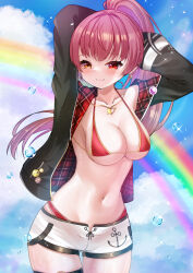 1girl absurdres bikini black_jacket blue_sky blush breasts chrochlomyl cleavage closed_mouth cloud earrings gold_earrings grey_shorts heart heart_earrings heart_necklace heterochromia highleg highleg_bikini highres hololive houshou_marine houshou_marine_(summer) jacket jewelry large_breasts looking_at_viewer navel necklace necktie official_alternate_costume official_alternate_hairstyle ponytail rainbow red_bikini red_eyes red_hair red_jacket short_shorts shorts sky smile solo swimsuit thigh_strap two-sided_fabric two-sided_jacket virtual_youtuber yellow_eyes yellow_necktie