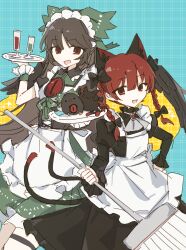 2girls :d absurdres alternate_costume animal_ear_fluff animal_ears apron ascot back_bow black_bow black_corset black_dress black_wings blue_background bow braid breasts broom brown_hair cat_ears cat_tail character_doll collared_dress commentary corset cup dress drinking_glass enmaided extra_ears fang feathered_wings frilled_apron frilled_dress frilled_wrist_cuffs frills green_bow green_dress grey_ascot hair_bow hand_on_own_hip highres holding holding_broom holding_tray juliet_sleeves kaenbyou_rin kaenbyou_rin_(cat) long_sleeves looking_at_viewer maid maid_day maid_headdress multiple_girls multiple_hair_bows multiple_tails nekomata open_mouth puffy_sleeves red_eyes red_hair reiuji_utsuho reiuji_utsuho_(bird) short_sleeves skin_fang smile tail thigh_strap third_eye_on_chest touhou tray twin_braids two_tails white_apron wings wrist_cuffs wusem0108