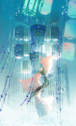 1girl absurdres black_eyes black_hair blue_background bow chinese_clothes chinese_commentary closed_mouth commentary_request expressionless fei_you_dudu from_behind full_body gradient_background hair_bow hanfu head_tilt highres lantern leaning_back long_hair long_sleeves original outstretched_arms paper_lantern pink_hanfu ponytail ripples solo very_long_hair watermark weibo_watermark white_bow wide_sleeves