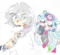 Rule 34 | baba yokuiru, black eyes, blue eyes, cellphone, digimon, digimon (creature), digimon ghost game, fang, higashimitarai kiyoshiro, jellyfish girl, jellymon, looking at another, monster girl, open mouth, phone, short hair, smartphone, teeth, tentacle hair, tentacles, white hair