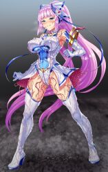 Rule 34 | 1girl, absurdres, blue eyes, blush, boots, bow, breasts, clenched teeth, corruption, covered erect nipples, covered navel, elbow gloves, element venus, full body, gloves, hair ornament, high heel boots, high heels, highres, kisaragi nozomi, large breasts, leotard, living clothes, long hair, looking at viewer, magical girl, pink hair, ponytail, purple hair, shinsou seiki elementia, sirano, slime (substance), solo, standing, teeth, tentacles, thigh boots, thighhighs, very long hair, white gloves, white leotard