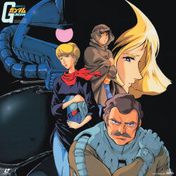 Rule 34 | 1970s (style), 2boys, 2girls, absurdres, amuro ray, black eyes, black shirt, blonde hair, blue eyes, blue pants, brown cloak, brown hair, cloak, copyright name, cover, crowley hamon, dvd cover, facial hair, gouf, gundam, helmet, highres, holding, holding helmet, looking at viewer, looking up, mecha, mecha pilot suit, mobile suit, mobile suit gundam, multiple boys, multiple girls, mustache, normal suit (gundam), official art, oldschool, one-eyed, ousaka hiroshi, pants, parted lips, pilot helmet, pilot suit, purple eyes, ramba ral, red lips, red scarf, retro artstyle, robot, sayla mass, scarf, science fiction, second-party source, shirt, short hair, spacesuit, yellow shirt