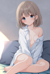 Rule 34 | 1girl, animal ears, arms between legs, blush, breasts, collarbone, commentary request, covered erect nipples, frozenpile, grey hair, idolmaster, idolmaster shiny colors, looking at viewer, naked shirt, open clothes, open shirt, serizawa asahi, shirt, short hair, single bare shoulder, sitting, small breasts, solo, toenails