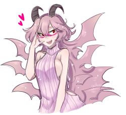 1girl adjusting_eyewear bare_shoulders breasts demon_girl demon_horns funamusea gallaxi glasses hair_between_eyes hair_wings heart horns huge_breasts lil_(funamusea) long_hair looking_to_the_side meme_attire non-web_source open_mouth pink-framed_eyewear red_eyes sideboob signature simple_background smug solo source_request sweater turtleneck turtleneck_sweater virgin_killer_sweater white_background