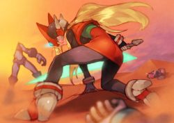 1girl android arm_support black_pantyhose bliss_zero_(mega_man) blonde_hair blue_eyes bracelet desert energy_blade energy_sword genderswap genderswap_(mtf) helmet high_heels holding holding_weapon jewelry kin_niku kneeling long_hair mega_man_(series) mega_man_zero_(series) orange_sky pantyhose sand sky solo_focus sword weapon zero(z)_(mega_man) zero_(mega_man)