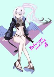1girl absurdres bikini black_bikini black_hair blue_background breasts cropped_jacket dragon_wings fate/grand_order fate_(series) fish_bottle forked_eyebrows gradient_hair highres hooded_shrug jewelry long_hair looking_at_viewer melusine_(fate) melusine_(swimsuit_ruler)_(fate) melusine_(swimsuit_ruler)_(first_ascension)_(fate) multicolored_hair navel ponytail shrug_(clothing) sidelocks simple_background small_breasts smile solo swimsuit tail thighlet tsukaasa white_hair wings yellow_eyes