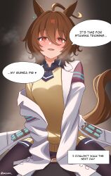 1boy 1girl absurdres agnes_tachyon_(umamusume) ahoge ascot black_ascot black_pantyhose blush brown_eyes brown_hair coat ear_piercing english_text feet_out_of_frame heavy_breathing highres horse_girl horse_tail in_heat lab_coat long_sleeves looking_at_viewer n2o naughty_face open_clothes open_coat pantyhose parted_lips piercing sexually_suggestive sitting sitting_on_person sleeves_past_fingers sleeves_past_wrists smile solo_focus sweater tail twitter_username umamusume v_arms white_coat yellow_sweater you_gonna_get_raped