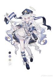1girl absurdres bad_tag bow bowtie buttons dress flag frills gloves guide hair_ornament hairclip halo hat highres holding legs logo mismatched pantyhose ribbon sample_watermark shoes single single_thighhigh socks solo thighhighs username vertical-striped watermark weibo wokeyiqilaima