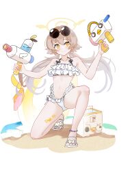 1girl absurdres anklet asymmetrical_dual_wielding beach bikini black_bow blue_archive blush bow brown_hair collarbone cooler dual_wielding eyewear_on_head flat_chest frilled_bikini frills full_body hair_between_eyes halo halterneck hands_up hashtag-only_commentary hifumi_(blue_archive) hifumi_(swimsuit)_(blue_archive) highres holding jewelry loli long_hair looking_to_the_side low_twintails multi-strapped_bikini_bottom navel off-shoulder_bikini off_shoulder official_alternate_costume peroro_(blue_archive) reiami ribbon-trimmed_bikini ribbon-trimmed_swimsuit ribbon_trim round_eyewear sand sandals side-tie_bikini_bottom simple_background smile solo squatting sunglasses swimsuit twintails very_long_hair water water_gun waves white_background white_bikini winged_halo yellow_eyes yellow_halo
