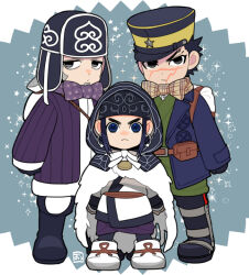 1girl 2boys asirpa black_eyes black_hat blue_coat blue_eyes boots bow bowtie coat deformed earrings full_body golden_kamuy hat hoop_earrings jewelry kzouzou multiple_boys plaid_bow plaid_bowtie plaid_clothes polka_dot_bowtie scar scar_on_face shiraishi_yoshitake sparkle sugimoto_saichi