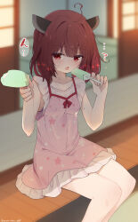 1girl ? ahoge brown_hair collarbone commentary_request dress eating feet_out_of_frame food frilled_dress frills hair_intakes headgear highres holding holding_food holding_popsicle incoming_food looking_at_viewer open_mouth outdoors pink_dress popsicle red_eyes saliva saliva_trail sechin sitting sleeveless sleeveless_dress solo sparkle sundress touhoku_kiritan twitter_username voiceroid