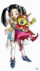 1boy 1girl apron black_hair blue_choker blue_dragon blue_dress blue_footwear blue_sleeves bodysuit bouquet_(blue_dragon) bracelet breasts brown_headwear cape character_request choker cleavage clenched_hands closed_eyes colored_skin detached_sleeves dress fake_horns hair_tie helmet highres horned_helmet horns hug hug_from_behind initial jewelry kakeru_(dbskakeru) long_hair looking_at_viewer marumaro medium_breasts official_style open_mouth pink_bodysuit pointy_ears pointy_footwear purple_eyes purple_footwear red_cape red_footwear sharp_teeth shoes simple_background size_difference sleeveless sleeveless_bodysuit teeth thighhighs toriyama_akira_(style) twintails two-tone_footwear white_apron white_background white_thighhighs yellow_skin