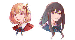 2girls black_hair blue_dress blue_ribbon closed_mouth commentary_request dress expressionless green_ribbon hair_ribbon inoue_takina kumabehaso looking_at_viewer lycoris_recoil lycoris_uniform multiple_girls neck_ribbon nishikigi_chisato open_mouth purple_eyes red_dress red_eyes red_ribbon ribbon simple_background smile white_background
