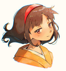 1girl absurdres alien_ashi artist_name black_hair closed_mouth dated erika_(pokemon) hairband highres japanese_clothes kimono looking_at_viewer nintendo pokemon pokemon_hgss red_hairband short_hair smile solo upper_body white_background yellow_kimono