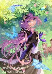 1girl absurdres arms_behind_back blue_eyes breasts bug butterfly cape cat commentary corset elysia_(honkai_impact) elysia_(miss_pink_elf)_(honkai_impact) english_commentary forest grass hair_ornament highres honkai_(series) honkai_impact_3rd insect long_hair looking_at_viewer marina_(mewgicalgurlart) nature outdoors pink_hair smile solo tree very_long_hair watermark watermark_grid white_corset