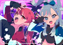 Rule 34 | 2girls, black gloves, black shirt, blue eyes, blue hair, blue jacket, breasts, collarbone, colored tips, cropped shirt, ear piercing, earrings, fang, fingerless gloves, gloves, hair ornament, heart, heart earrings, heart hair ornament, hetero, highres, hololive, hololive indonesia, houshou marine, iii (hololive), jacket, jewelry, kobo kanaeru, large breasts, long hair, multicolored hair, multicolored jacket, multiple girls, navel, open mouth, palm tree, piercing, purple background, red eyes, red hair, red jacket, shirt, star (symbol), tongue, tree, twintails, two-tone jacket, umi kemushi, upper body, virtual youtuber, white hair, white jacket, yellow eyes
