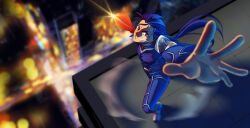 1boy absurdres angry armor blue_bodysuit blue_hair bodysuit cityscape closed_mouth cu_chulainn_(fate) cu_chulainn_(fate/stay_night) earrings fate/stay_night fate_(series) floating_hair foreshortening gae_bolg_(fate) highres holding holding_polearm holding_weapon jewelry long_hair looking_at_viewer male_focus pauldrons polearm ponytail red_eyes shoulder_armor skin_tight solo spiked_hair weapon yan_sai_(26497253)