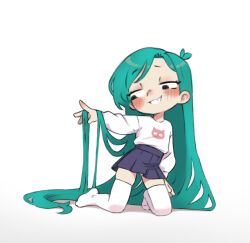 Rule 34 | 1girl, ahoge, animal print, black eyes, black skirt, blush, cat print, green hair, grin, kneeling, long hair, long sleeves, looking down, original, print shirt, qtkat, raised eyebrow, shirt, skirt, smile, teeth, thighhighs, very long hair, white background, white shirt, white thighhighs