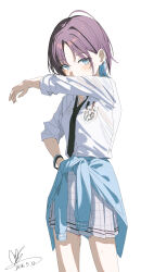 Rule 34 | 1girl, absurdres, ahoge, aqua hair, asakura toru, black necktie, blue cardigan, blush, cardigan, cardigan around waist, clothes around waist, dated, earrings, gakuen idolmaster, grey skirt, highres, idolmaster, jewelry, looking at viewer, multicolored hair, necktie, plaid clothes, plaid skirt, pleated skirt, qtian, school uniform, shirt, short hair, signature, simple background, skirt, solo, sweat, sweaty clothes, two-tone hair, white background, white shirt