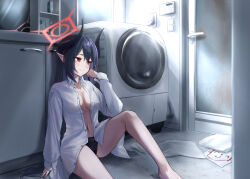 1girl absurdres black_hair black_horns black_panties blue_archive breasts chiaki_(blue_archive) closed_mouth commentary_request demon_girl demon_horns highres horns indoors knee_up kokage_yugure long_hair long_sleeves looking_to_the_side medium_breasts no_pants open_clothes open_shirt panties pointy_ears red_eyes shirt sitting solo thighs underwear washing_machine white_shirt