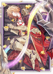 2boys arm_tattoo armlet armor armored_boots black_coat black_pants blonde_hair boots braid chest_tattoo clawed_gauntlets closed_eyes coat facial_tattoo flame_reaver_of_the_deepest_dark flower gold_necklace gradient_hair hair_between_eyes highres holding holding_flower honkai:_star_rail honkai_(series) infinity_symbol jewelry male_focus medium_hair mini_person miniboy multicolored_hair multiple_boys mydei_(honkai:_star_rail) necklace open_clothes open_coat pants pauldrons red_hair red_tattoo shoulder_armor side_braid single_pauldron tattoo yyyyy2016