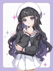 1girl absurdres beebee1120 beret black_hair black_shirt blunt_bangs border cardcaptor_sakura closed_mouth cowboy_shot daidouji_tomoyo hat highres long_hair long_sleeves looking_at_viewer necktie purple_border purple_eyes sailor_collar school_uniform shirt signature skirt smile solo sparkle thinking tomoeda_elementary_school_uniform very_long_hair white_background white_hat white_necktie white_sailor_collar white_skirt