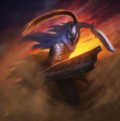 1boy 1girl absurdres armor artorias_the_abysswalker cape charging_forward dark_souls_(series) dark_souls_i dust female_focus full_armor gauntlets glowing glowing_eye glowing_eyes helmet highres knight male_focus narutocuhh shield solo sun sunset sword weapon zhuang_chenhao