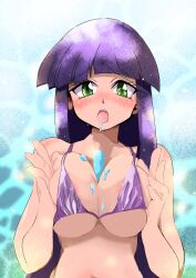 1girl areola_slip between_breasts bikini breasts cleavage food green_eyes large_breasts long_hair looking_at_viewer open_mouth popsicle purple_hair slayers solo swimsuit sylphiel_nels_lahda underboob