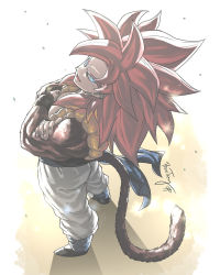 1boy back black_footwear blue_eyes body_fur bosstseng crossed_arms dragon_ball dragon_ball_gt from_behind fusion fusion_dance gogeta looking_at_viewer looking_back looking_up male_focus metamoran_vest monkey_boy monkey_tail muscular muscular_male open_mouth pants red_fur red_hair smile spiked_hair super_saiyan super_saiyan_4 tail white_pants
