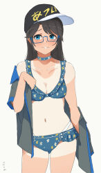 Rule 34 | 1girl, absurdres, baseball cap, bikini, black hair, blue-framed eyewear, blue bikini, blue eyes, blush, breasts, choker, cleavage, cowboy shot, floral print, frilled bikini, frills, glasses, hat, highres, idolmaster, idolmaster shiny colors, long hair, mitsumine yuika, open clothes, open mouth, open shirt, print headwear, small breasts, smile, solo, swimsuit, tan, tanline, translated, two-tone shirt, undressing, white background, ywr