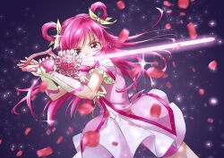 1girl bike_shorts black_background brooch butterfly_brooch cuffs cure_dream cure_fleuret flower frilled_sleeves frills hair_ornament handcuffs jewelry lemone_cure long_hair looking_at_viewer petals pink_eyes pink_flower pink_hair pink_rose precure rose rose_petals shorts sparkle sparkling_eyes yes!_precure_5 yes!_precure_5_gogo!