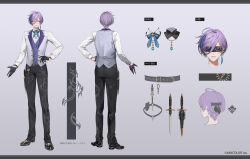 Rule 34 | 1boy, ahoge, belt, belt buckle, black belt, black blindfold, black gloves, black pants, black shoes, blindfold, blue bow, blue bowtie, bow, bowtie, brooch, buckle, buttons, closed mouth, collared shirt, commentary request, company name, copyright notice, earrings, facing away, feather earrings, feather hair ornament, feathers, gloves, green eyes, grey vest, hair between eyes, hair ornament, half gloves, hand on own hip, jewelry, key, knife sheath, long sleeves, looking at viewer, male focus, multiple views, nijisanji, o-ring, o-ring thigh strap, official art, ohayosayonara, pants, purple hair, purple vest, reference sheet, sakaki ness, sakaki ness (1st costume), second-party source, sheath, sheathed, shirt, shoes, short hair, single earring, swept bangs, thigh sheath, thigh strap, vest, virtual youtuber, white shirt