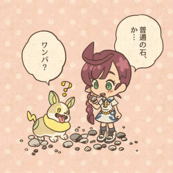 1girl ? ahoge blush blush_stickers braid bright_pupils chibi chloe_(pokemon) commentary_request dog dress eyelashes fangs full_body gen_8_pokemon green_eyes grey_socks holding holding_rock long_hair mojacookie nintendo official_art open_mouth pebble pokemon pokemon_(anime) pokemon_(creature) pokemon_journeys red_hair rock second-party_source shoes short_sleeves side_braid single_braid smile socks speech_bubble standing teeth tongue tongue_out translation_request upper_teeth_only white_dress white_pupils white_shoes yamper