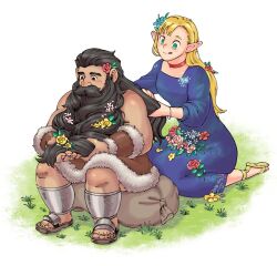 1boy 1girl armor bare_shoulders beard beard_flower black_hair blonde_hair blue_dress braid dress dungeon_meshi dwarf elf facial_hair flower grass green_eyes hair_flower hair_ornament hand_in_another&#039;s_hair highres holding holding_another&#039;s_hair i_(220_i_284) kneeling leather_armor long_beard long_hair marcille_donato mustache on_grass on_ground outdoors playing_with_another&#039;s_hair pointy_ears senshi_(dungeon_meshi) sitting sleeveless thick_mustache very_long_beard