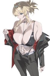 Rule 34 | 1girl, absurdres, bare shoulders, black bra, black pants, blonde hair, blue eyes, bra, breasts, cleavage, closed mouth, collarbone, cowboy shot, goddess of victory: nikke, grave (nikke), highres, large breasts, looking at viewer, necklace between breasts, pants, ponytail, sidelocks, solo, standing, taiyang yu, underwear