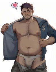 1boy arm_hair bara bare_pectorals beard_stubble belly chest_hair clothes_pull commentary english_commentary facial_hair fat fat_man highres jacket jockstrap male_focus male_underwear navel nipples open_clothes open_jacket pants pants_pull pectorals shane_(stardew_valley) short_hair simple_background solo stardew_valley stubble sweat sylvein underwear white_background