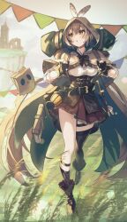 1girl absurdres asymmetrical_legwear bag book boots breasts brown_boots brown_capelet brown_cloak brown_corset brown_eyes brown_hair brown_ribbon capelet chestnut_mouth cleavage cloak corset dagger double-parted_bangs feather_hair_ornament feathers field friend_(nanashi_mumei) gloves hair_ornament hairclip highres holding holding_bag holding_strap hololive hololive_english hood hood_up kanchigai knife lantern light_blush long_hair looking_to_the_side nanashi_mumei nanashi_mumei_(1st_costume) outdoors partially_fingerless_gloves pleated_skirt ribbon single_thighhigh skirt solo straight-on thigh_strap thighhighs very_long_hair virtual_youtuber walking weapon
