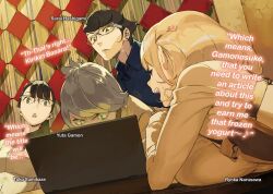2boys 2girls angry black_hair black_trim blonde_hair blue_jacket breasts brown_coat brown_eyes brown_hair buttons closed_eyes coat collared_shirt double-breasted dress_shirt furious furrowed_brow gamon_yuuta glasses gloves glowing glowing_eyes green_eyes green_hair grey_eyes grey_neckerchief hair_ornament hairclip hashigami_sarai heart heart_hair_ornament high_ponytail highres holster holstered huge_breasts impossible_clothes jacket long_hair multicolored_coat multiple_boys multiple_girls narrowed_eyes narusawa_ryouka neckerchief non-web_source occultic;nine official_art open_mouth pako_(pakosun) ponytail science_adventure shirt short_hair small_breasts sumikaze_touko surprised teasing teeth tongue triangle_mouth upper_teeth_only white_coat white_gloves wide-eyed yellow_coat yellow_shirt