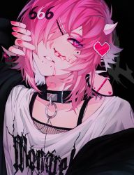 1boy animal_ears bandaid barbell_piercing black_background black_jacket blood chain character_name collar ear_piercing face_piercing fingerless_gloves fingernails gloves hair_ornament hair_over_one_eye hairclip heart heart_hair_ornament highres industrial_piercing jacket jacket_partially_removed lip_piercing long_sleeves male_focus mazamuno mongrel_(mazamuno) nail_polish nosebleed number_hair_ornament original piercing pink_eyes pink_hair pink_nails shirt simple_background sleeves_past_wrists white_shirt yami_kawaii