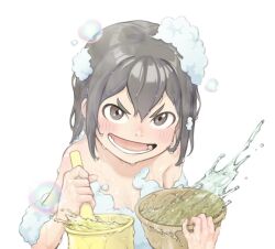 Rule 34 | 1girl, asakusa midori, bath, blush, bubble, convenient censoring, eizouken ni wa te wo dasu na!, lw goombang, nude, simple background, soap bubbles, soap censor, wet, wet hair