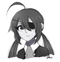 1girl ahoge alela_grora_(funamusea) buttons close-up closed_mouth collared_shirt colored_skin cropped_torso eyepatch funamusea gallaxi grey_eyes grey_hair grey_lips haiiro_teien hair_between_eyes huge_ahoge jacket long_hair looking_at_viewer low_twintails shirt sidelocks signature simple_background smile solo twintails white_background white_skin