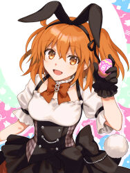 1girl :d ahoge alternate_costume animal_ear_hairband animal_ears animal_print black_gloves blue_background bow bow_skirt bowtie breasts brown_bow brown_bowtie brown_skirt buttons collar colored_shadow colorful_background cowboy_shot crossed_bangs double-breasted drop_shadow easter easter_egg egg fake_animal_ears fate/grand_order fate_(series) frilled_collar frilled_gloves frilled_skirt frilled_sleeves frills from_above fujimaru_ritsuka_(female) gloves green_background hair_between_eyes hairband hand_up highres holding holding_egg layered_skirt light_blush looking_at_viewer medium_breasts medium_hair one_side_up open_mouth orange_eyes orange_hair pink_background plaid_clothes plaid_skirt pom_pom_(clothes) puffy_short_sleeves puffy_sleeves rabbit_ears rabbit_print shadow shirt short_sleeves skirt smile suspender_skirt suspenders t_kattu underbust white_background white_collar white_shirt